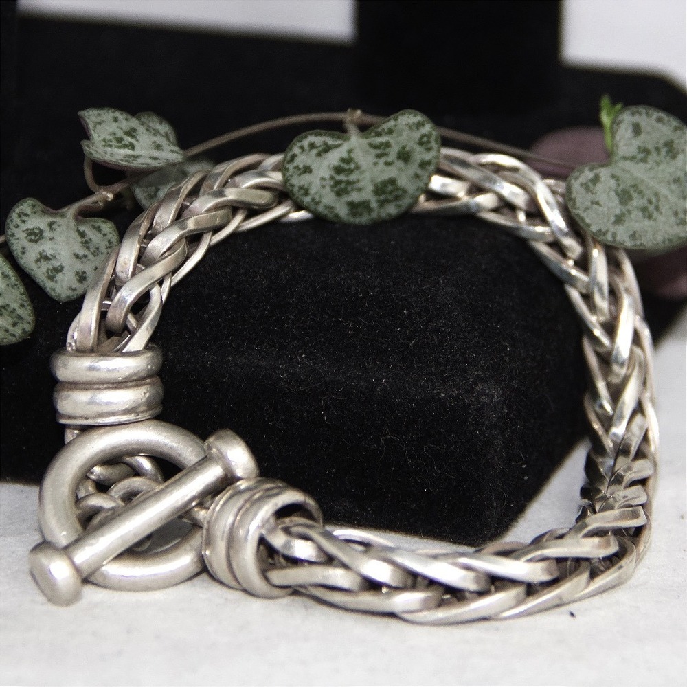VTG HEAVY Mexico Sterling Silver 925 Woven Wheat Chain Toggle Bracelet 9in 63g